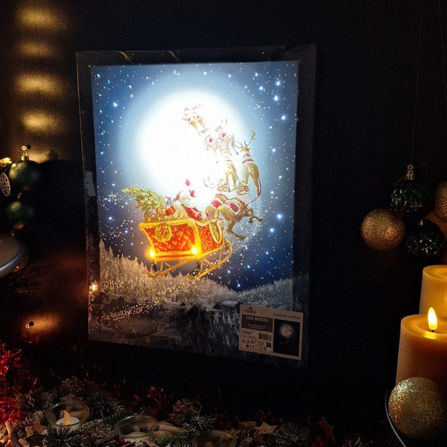 Kerst LED Schilderij Kerstman Arreslee bij Volle Maan