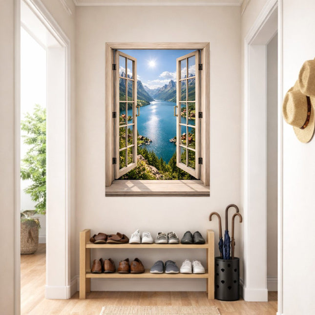 muurdecoratie open raam met uitzicht op rustig bergmeer