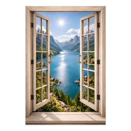 muursticker open raam uitzicht op bergmeer wanddecoratie