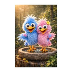 Blu & Bloom muursticker met twee kleurrijke vrolijke vogeltjes bij een vogelbadje in een zonnige tuin