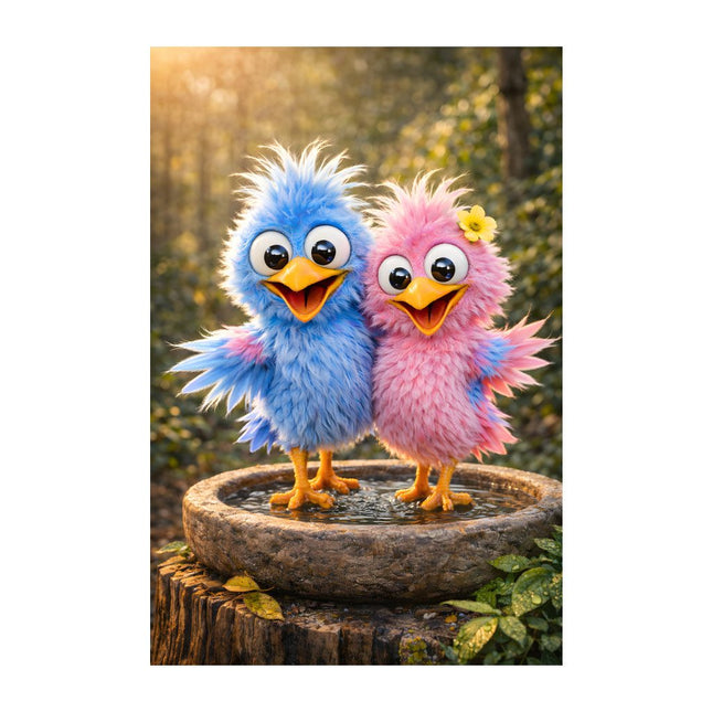 Blu & Bloom muursticker met twee kleurrijke vrolijke vogeltjes bij een vogelbadje in een zonnige tuin