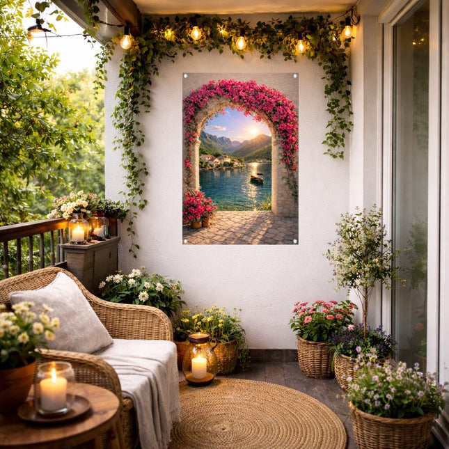 Mediterrane doorkijk met bougainvillea boog tuinposter op balkon