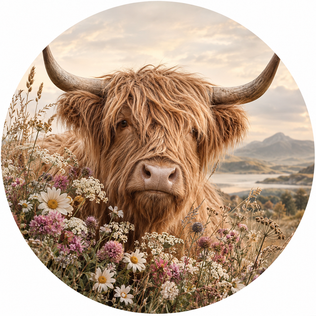 Muurcirkel Schotse Hooglander met Bloemen