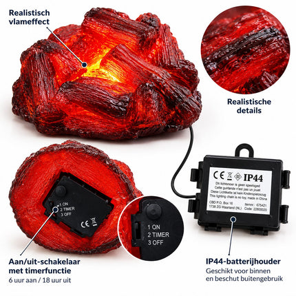 Detail van LED haardvuur met realistisch gloei-effect, aan-uitknop, timer van 6 uur en IP44-batterijhouder.