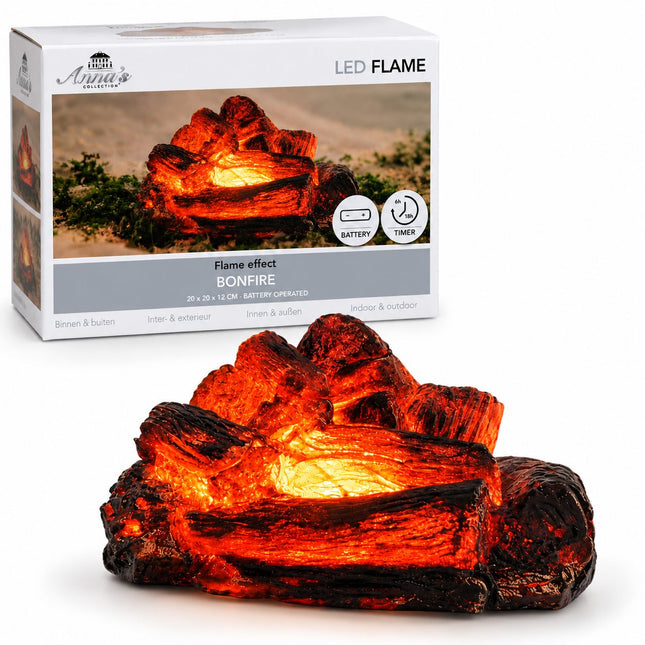 LED haardvuur 20 x 20 x 12 cm met realistisch gloeiend vlameffect en timerfunctie, inclusief originele verpakking van Anna's Collection.