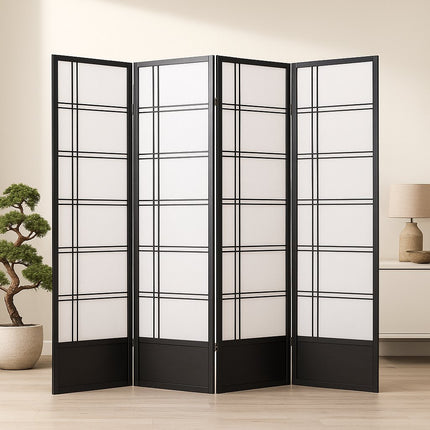 Zwart Japans Shoji kamerscherm met 4 houten panelen – moderne roomdivider 180 cm hoog