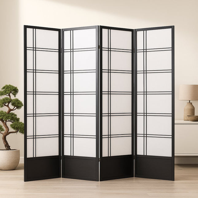 Zwart Japans Shoji kamerscherm met 4 houten panelen – moderne roomdivider 180 cm hoog