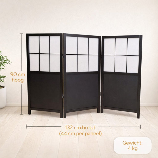 Laag Japans Raamscherm Zwart – 90 cm | Shoji Stijl en MDF | 3-delig