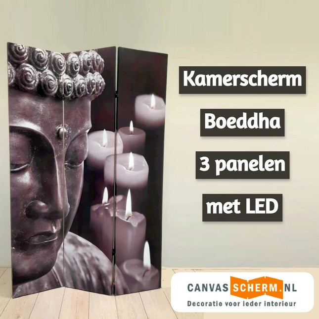 Kamerscherm Canvas Boeddha 3panelen met LED