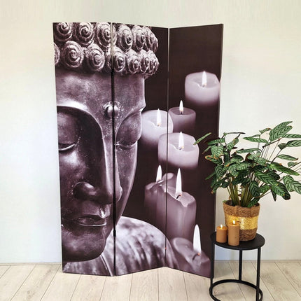 Kamerscherm Boeddha met LED – 3-delig canvas scherm 180 cm