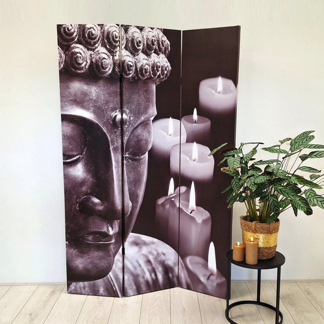 Kamerscherm Boeddha met LED – 3-delig canvas scherm 180 cm