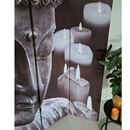 Kamerscherm Boeddha met LED – 3-delig canvas scherm 180 cm