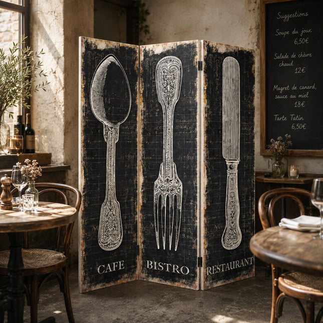 Decoratief kamerscherm Bistro stijl – inklapbaar roomdivider met donkere vintage look