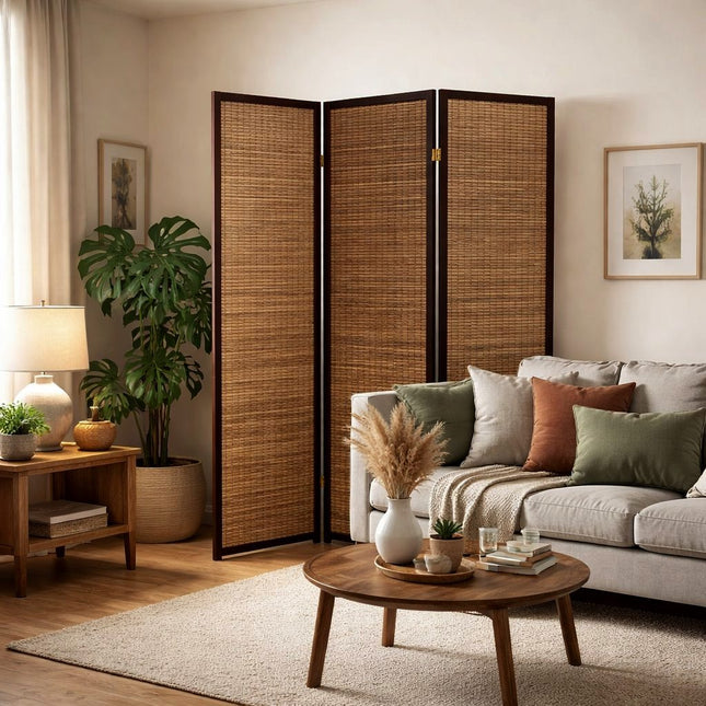 Bruin houten kamerscherm met 3 panelen en bamboe vulling in lichte Japandi woonkamer – decoratieve roomdivider voor privacy
