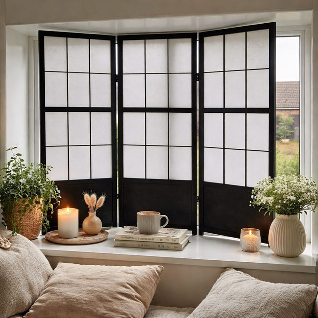 Zwart Japans Shoji raamscherm voor raam of vensterbank, decoratief privacy scherm tegen inkijk, lichtdoorlatend en stijlvol voor woonkamer.