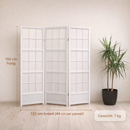 Wit Japans kamerscherm 150 cm met 3 Shoji panelen afmetingen
