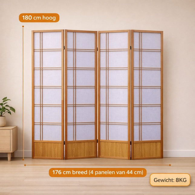 japans kamerscherm naturel hout 4 panelen shoji 176x180 cm