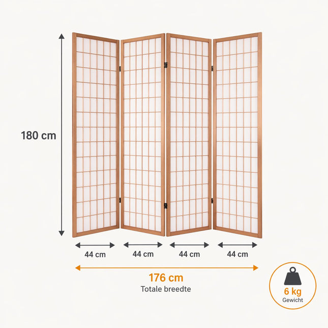 Japans kamerscherm 4 panelen naturel hout met Shoji rastermotief en witte panelen, inclusief afmetingen infographic: 180 cm hoog, 176 cm totale breedte, 44 cm per paneel, 6 kg gewicht