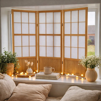 Japans Shoji kamerscherm naturel als decoratief raamscherm, laag model 120 cm tegen inkijk in huis.