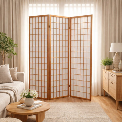 Decoratief Japans kamerscherm 3 panelen in lichte interieursetting
