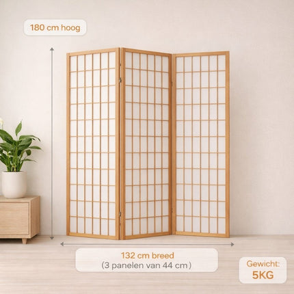 Japans kamerscherm 3-delig in zigzagopstelling met maatvoering 132 cm breed en 180 cm hoog