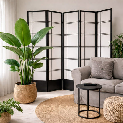 Japans kamerscherm zwart met shoji panelen en groene kamerplant in moderne woonkamer – 5 panelen