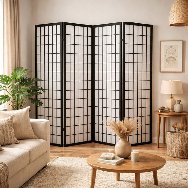 Vierdelig Japans kamerscherm zwart shoji in Japandi interieur, vrijstaand op de vloer