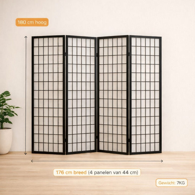 Kamerscherm Japans shoji zwart 4 panelen met hoogte- en breedte-indicatie