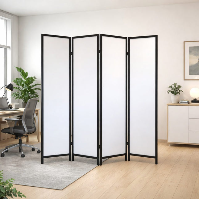 Decoratief kamerscherm met wit MDF en zwarte scharnieren in kantoorruimte