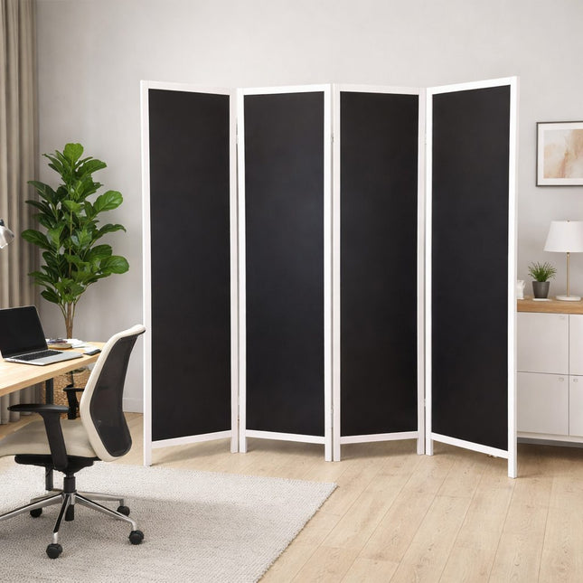 Kamerscherm 4 panelen zwart MDF met wit frame 176 x 180 cm