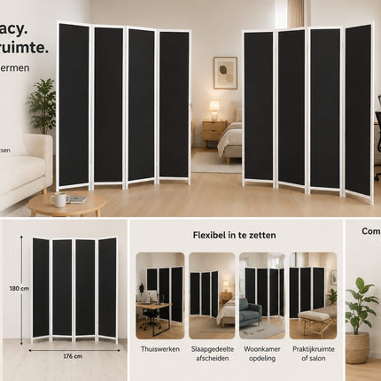 Kamerscherm Zwart hout – 4 Panelen