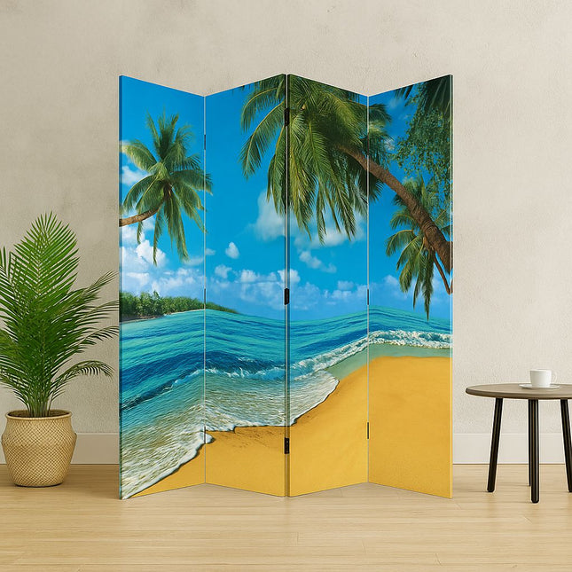 Kamerscherm met afbeelding strand, zee  en palmbomen