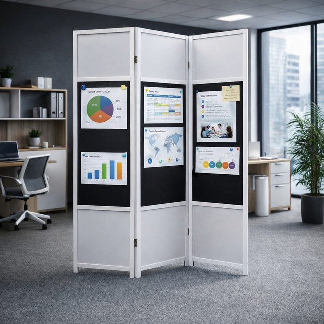 Mobiele scheidingswand kantoor met geïntegreerd prikbord – wit 3-panelen kamerscherm met presentatieprints en grafieken, perfect als opvouwbaar presentatiebord voor vergaderruimte of beursstand.