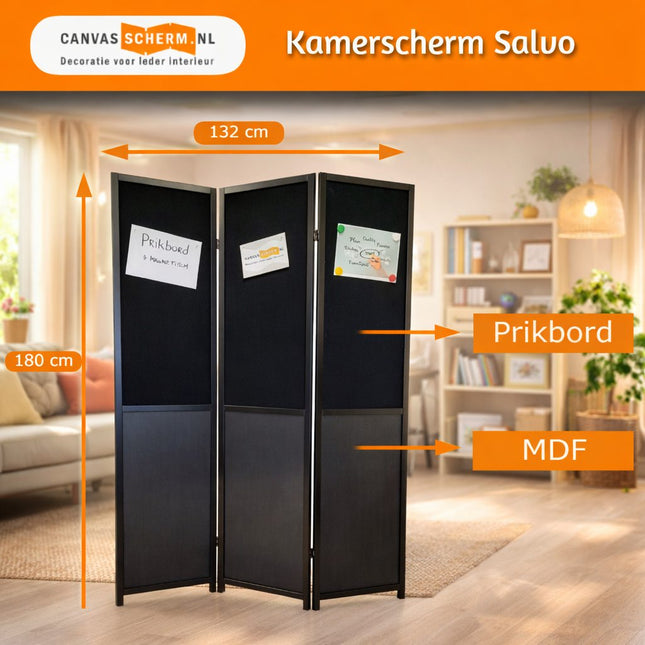 Zwart MDF kamerscherm met prikbord 3 panelen, 180 cm hoog en 132 cm breed, inklapbare roomdivider.