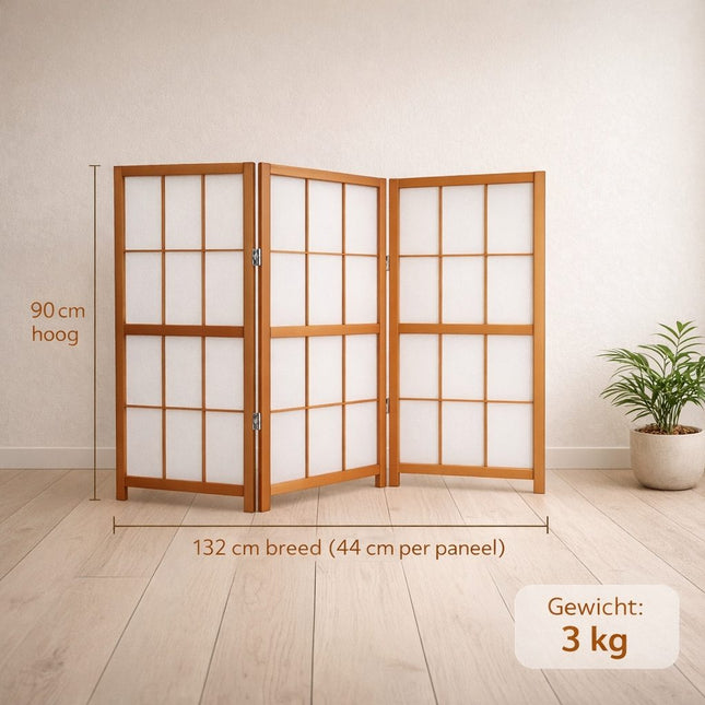 Naturel houten shoji raamscherm met 3 panelen, decoratief kamerscherm voor privacy en lichtfiltering