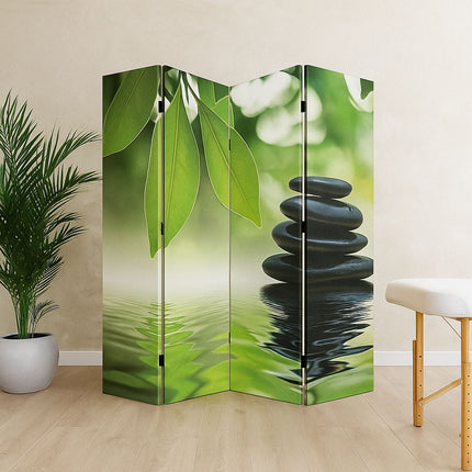 Kamerscherm Wellness met canvas print van zen stenen en groene bladeren – 4 panelen – 180x160 cm