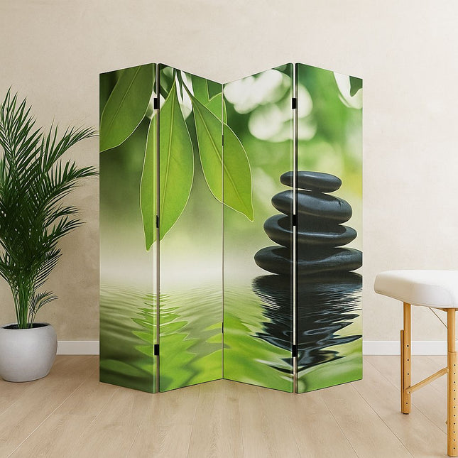 Kamerscherm Wellness met canvas print van zen stenen en groene bladeren – 4 panelen – 180x160 cm