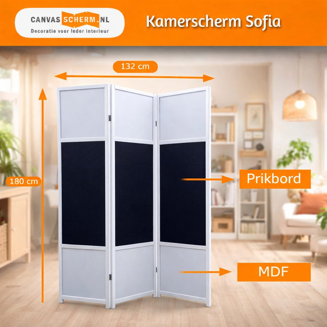 Kamerscherm Sofia wit 3-delig met zwart prikbordpaneel 180 x 132 cm in sfeervolle woonkamer setting.