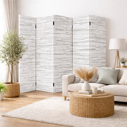 Kamerscherm canvas met wit stenen muur print 200x180 cm – 5 panelen dubbelzijdig bedrukt