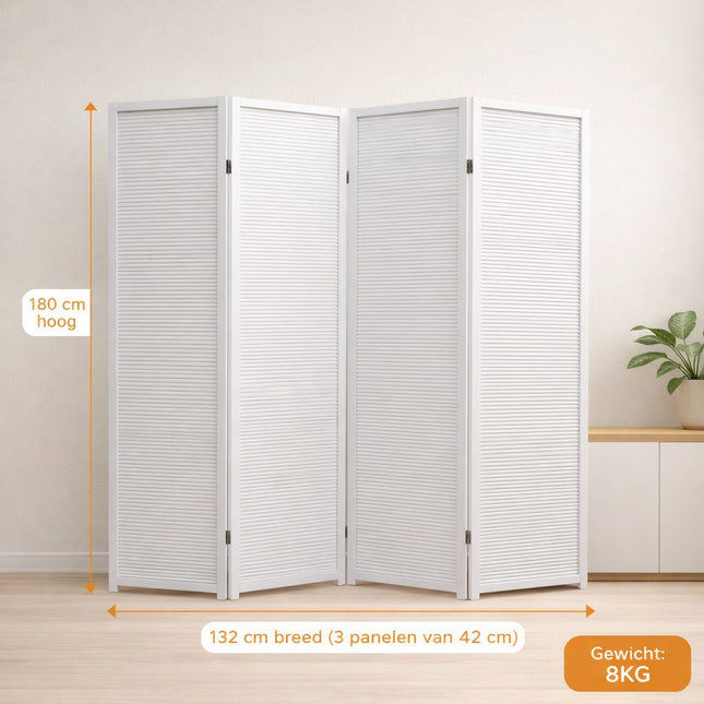 Wit houten kamerscherm 4 panelen 180 cm hoog en 176 cm breed (4 x 44 cm) met maatvoering en gewicht 8KG in lichte Japandi woonkamer setting – roomdivider voor woonkamer, slaapkamer of kantoor