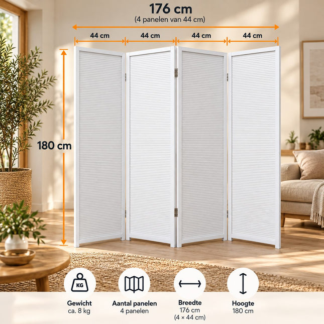 Afmetingen wit houten kamerscherm – 4 panelen van 44 cm breed, 180 cm hoog en circa 8 kg.