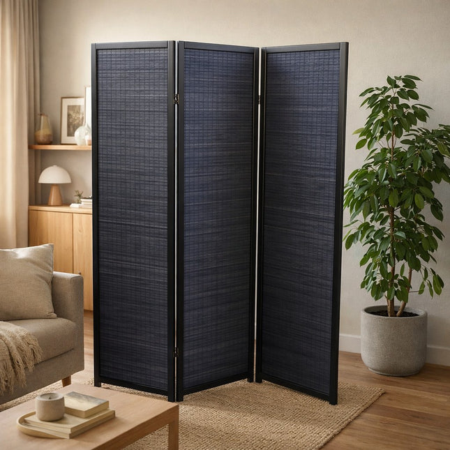 Sfeervolle woonkamer met zwart kamerscherm en grote kamerplant in neutrale pot