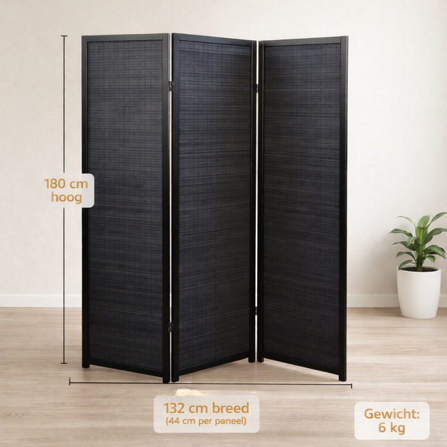 Kamerscherm Hout Zwart 3 panelen