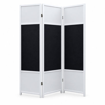 Kamerscherm met prikbord wit zwart – 3 panelen 132 x 180 cm, met houten frame en zwart prikbord, ideaal als roomdivider en presentatiewand.