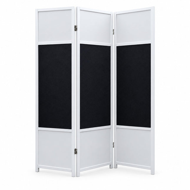 Kamerscherm met prikbord wit zwart – 3 panelen 132 x 180 cm, met houten frame en zwart prikbord, ideaal als roomdivider en presentatiewand.