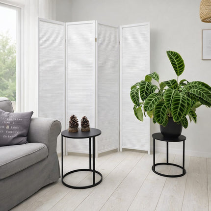 Wit houten kamerscherm 4 panelen 180 cm hoog en 176 cm breed in lichte Japandi woonkamer setting met maatvoering en gewicht 8KG – roomdivider voor woonkamer of slaapkamer