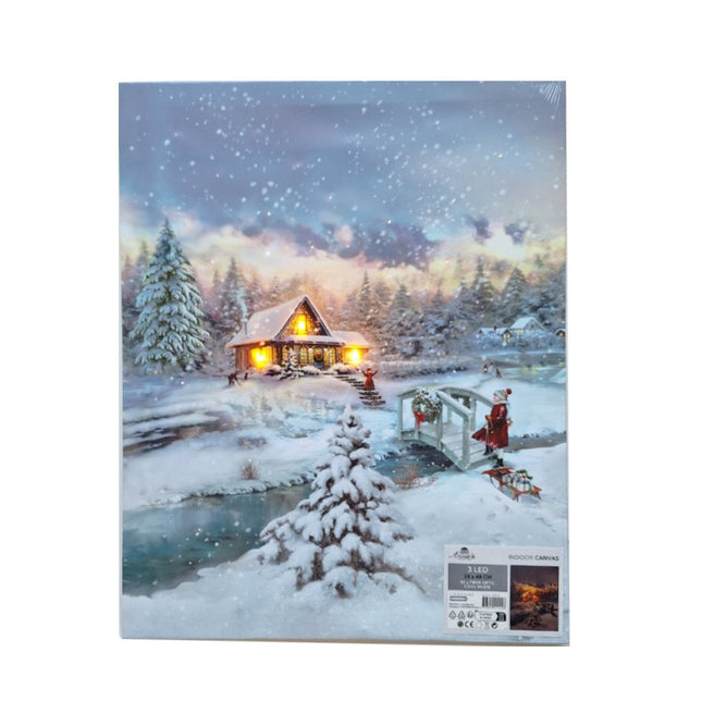 Kerst Canvas Schilderij LED Huisje in de Sneeuw