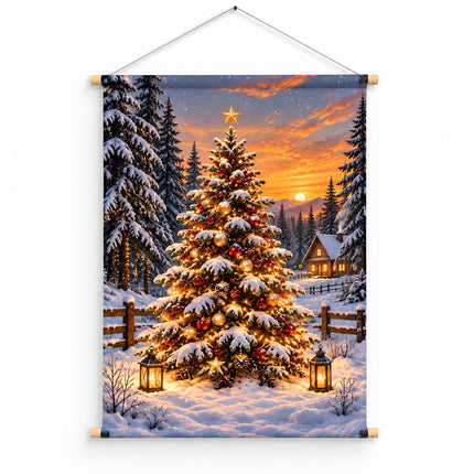 Wanddoek kerstboom Winter Wonderland 50x75 cm met besneeuwde kerstboom, houten stokken en ophangtouw.