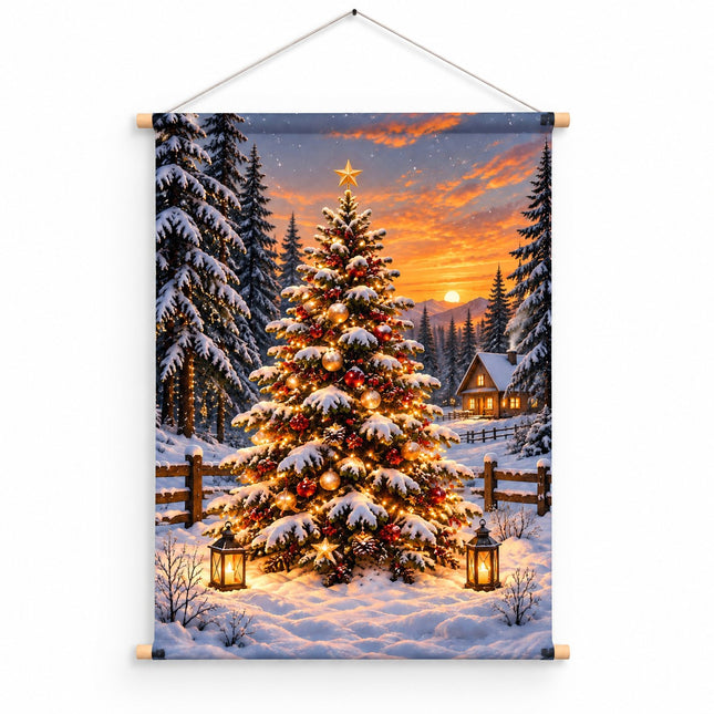 Wanddoek kerstboom Winter Wonderland 50x75 cm met besneeuwde kerstboom, houten stokken en ophangtouw.