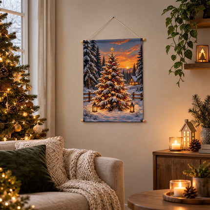 Kerst wanddoek met verlichte kerstboom en besneeuwd winterlandschap aan de muur in een sfeervolle woonkamer.